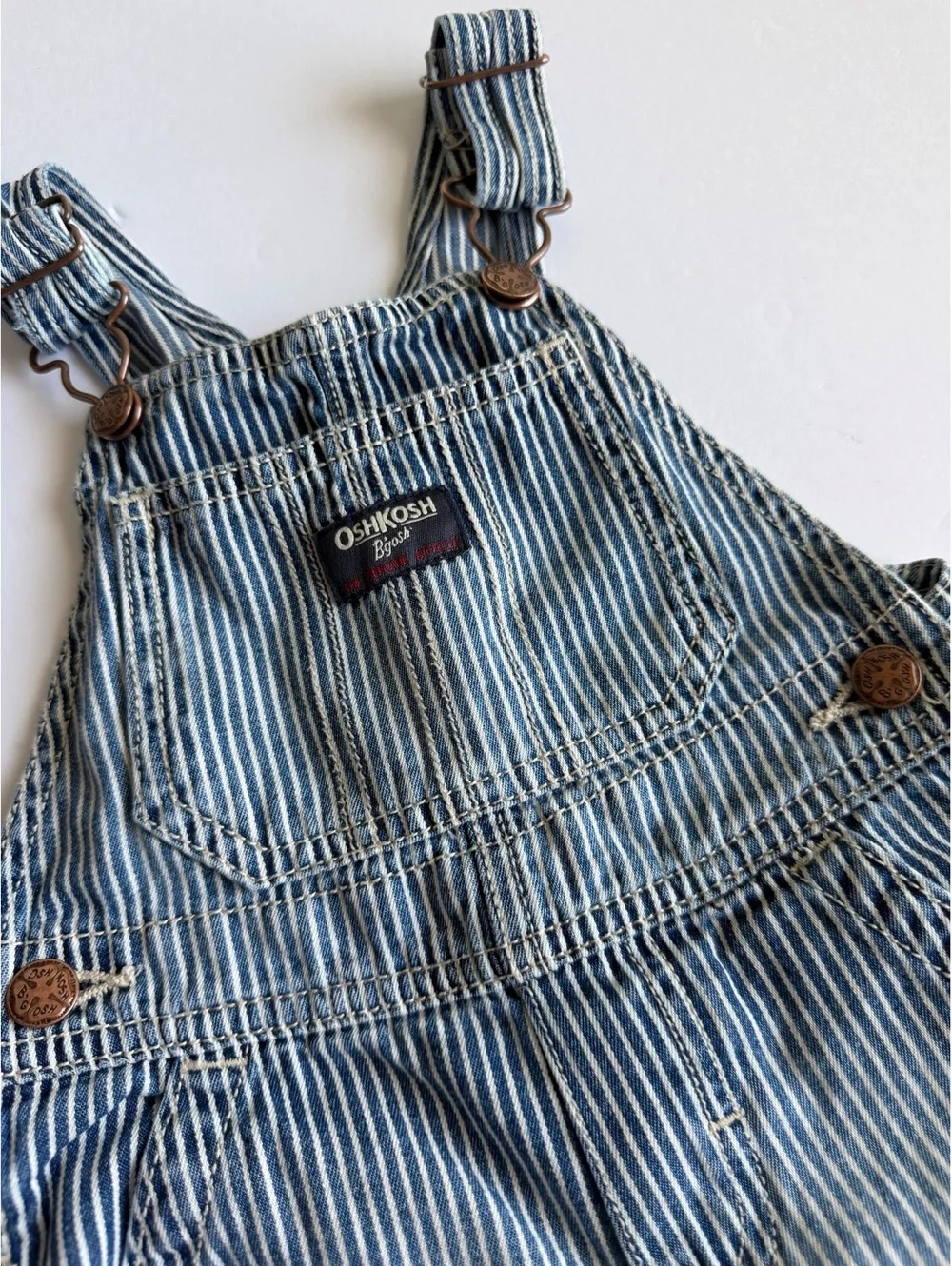 Y2K OshKosh Hickory Stripe Cargo Baby Overalls Shorts Size 18M